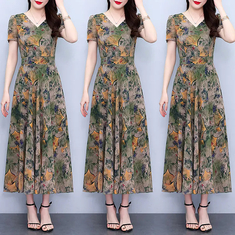 Plus Size Chiffon Floral Dress for Spring and Autumn sizes L, M, and XL,