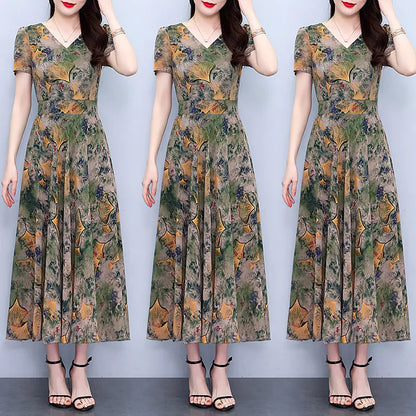 Plus Size Chiffon Floral Dress for Spring and Autumn sizes L, M, and XL,