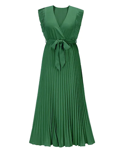 V-Neck Layered Pleated Slim Fit Dress in Green perfect fit: S, M, L, XL, and XXL