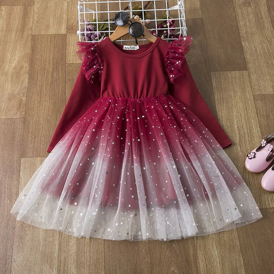Gradient Starry Sky Long-Sleeved Princess Dress  sizes ranging from 110cm to 150cm,