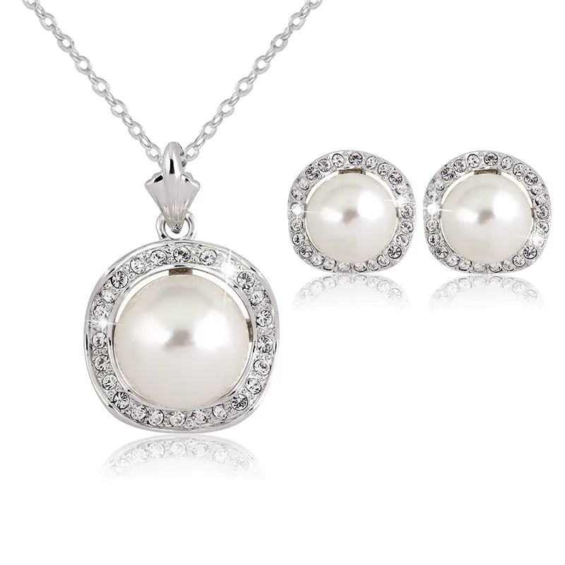 Bridal Rhinestone Pearl Necklace Earring Set