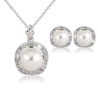 Bridal Rhinestone Pearl Necklace Earring Set