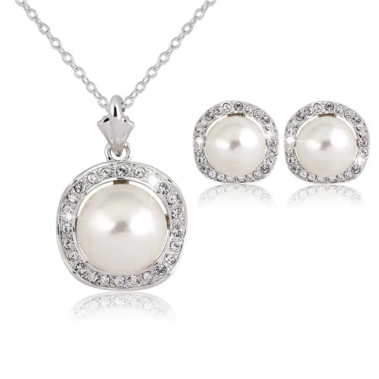 Bridal Rhinestone Pearl Necklace Earring Set