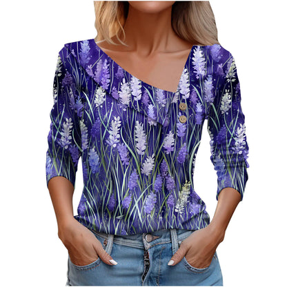 Women's Long Sleeve V-Neck Sunflower Print Top