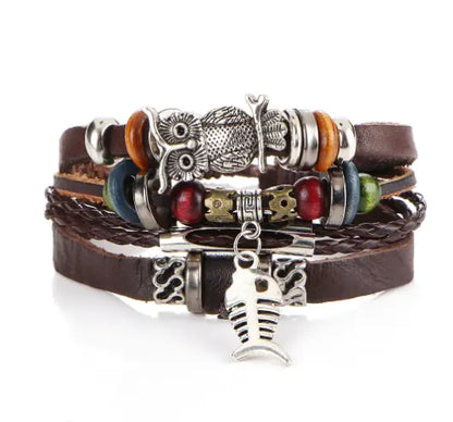 Boho Multilayer Leather Bracelets with Fish Charm Set