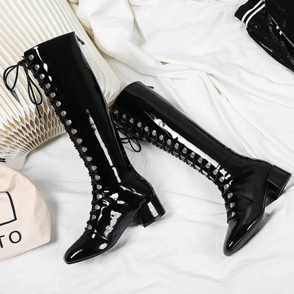 Mirror Patent Leather Silver Mid-Calf Chunky Heel Boots