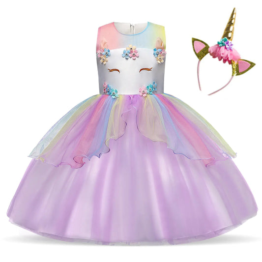 Fluffy Yarn Flower Girl Princess Dress for Kids from 90cm to 160cm