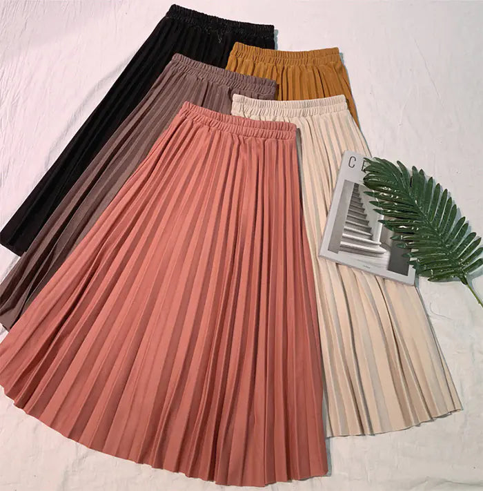High Waist Midi Pleated A-Line Skirt