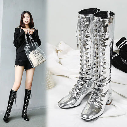 Mirror Patent Leather Silver Mid-Calf Chunky Heel Boots