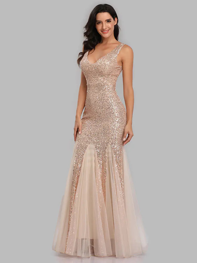 Plus Size V-Neck Mermaid Sequin Evening Dress for Women