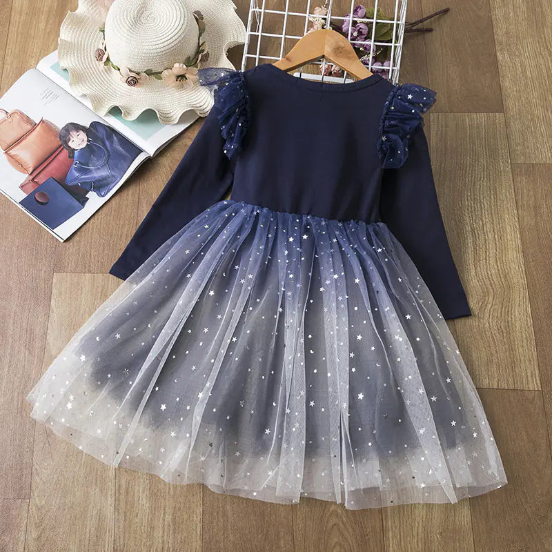 Gradient Starry Sky Long-Sleeved Princess Dress  sizes ranging from 110cm to 150cm,