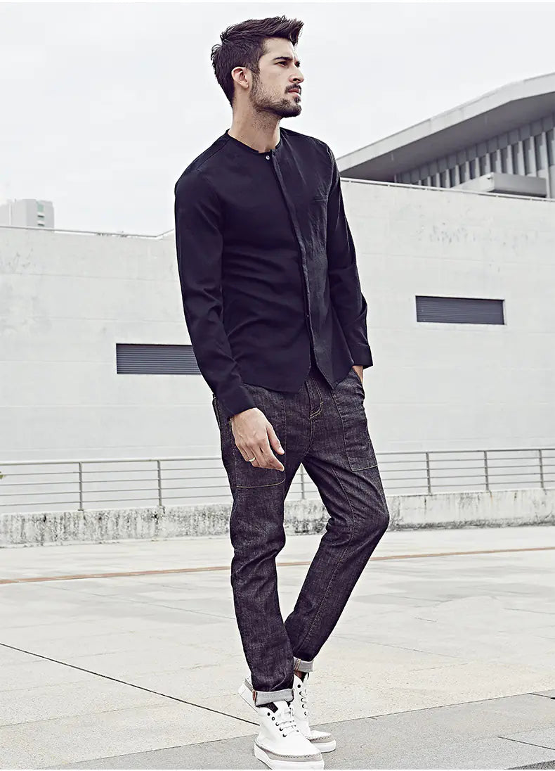 Men's Casual Long Sleeve Slim Fit Cotton Linen Shirt