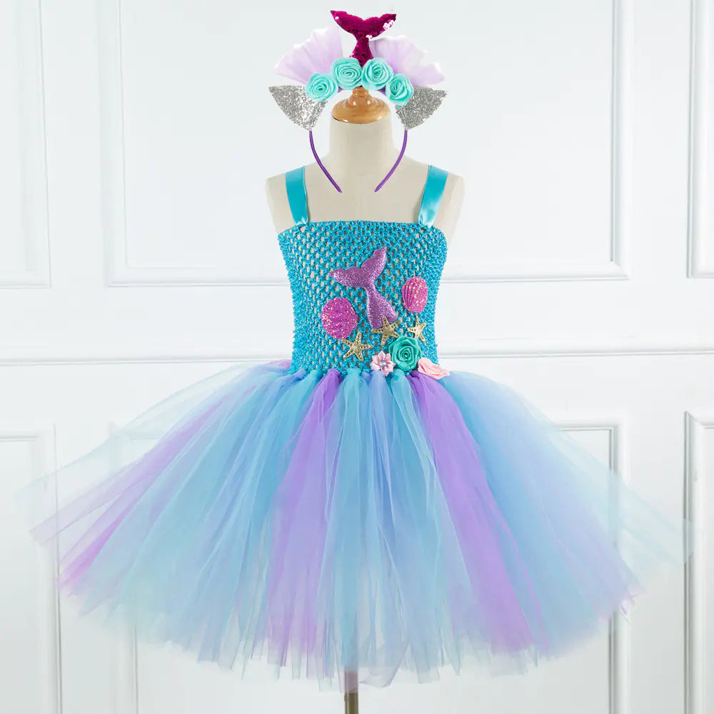 Mermaid Girls Princess Dress with Net Yarn Design  for girls aged 3 to 12 years,