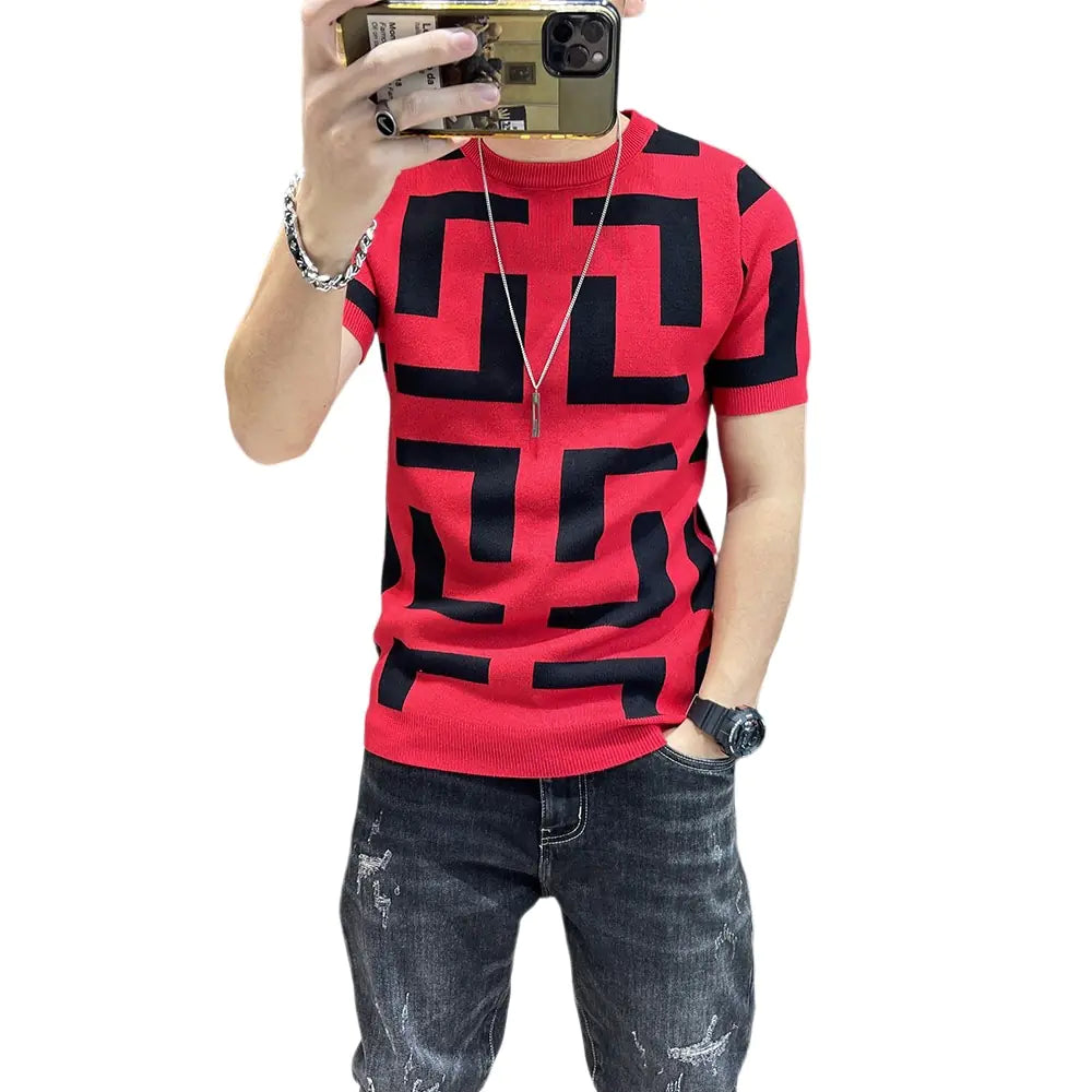 Men's Knitted Short Sleeve T-Shirt - Slim Fit Sweater