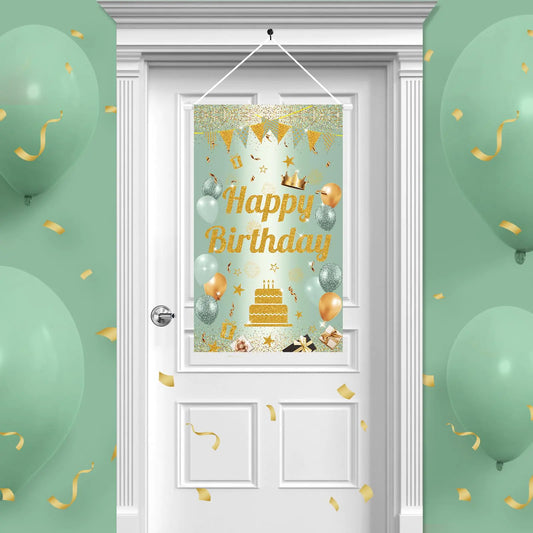 Happy Birthday Door SignGreen Gold Birthday Door Banner Happy Birthday Hanger Birthday Porch Sign Banner Door Decoration Birthday Party Decorations for Men Women 50x30CM