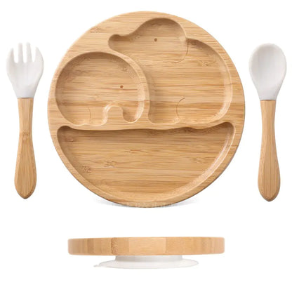 Children's Suction Bamboo Divided Plate with Spoon & Fork