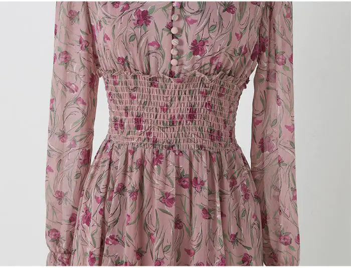 Sweet V-Neck Long Sleeve Floral Chiffon Dress