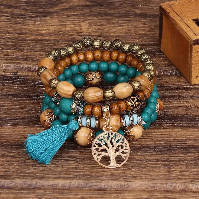 Boho Wooden Beaded Bracelet Set with Tree of Life Charm