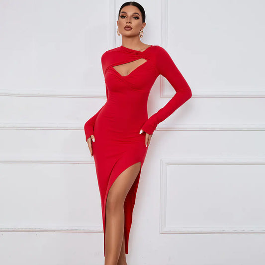 Slim Fit Women's Maxi Dress with Long Sleeves and Slit