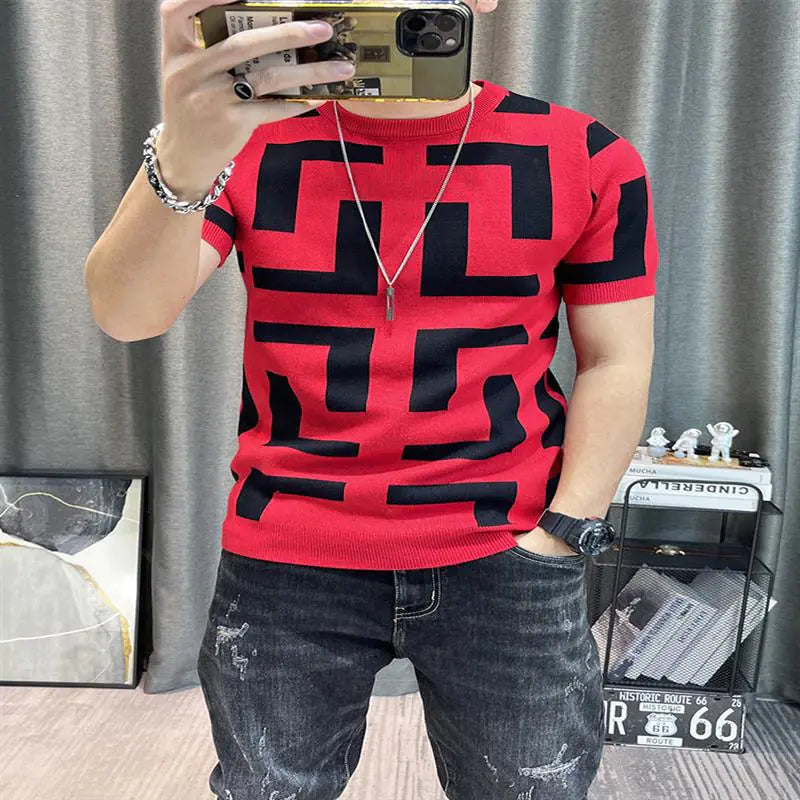 Men's Knitted Short Sleeve T-Shirt - Slim Fit Sweater