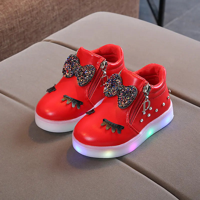 Girls' LED Light-Up Sneakers with Rhinestones and Bow children aged 1 to 6 years,