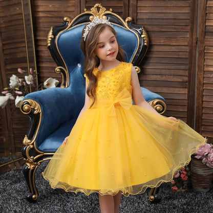 Embroidered Puff Mesh Color Block Princess Dress heights from 100cm to 150cm