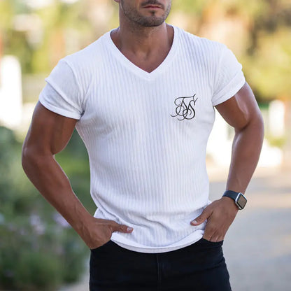 Men's Summer Athletic Slim Fit V-Neck T-Shirt with Logo