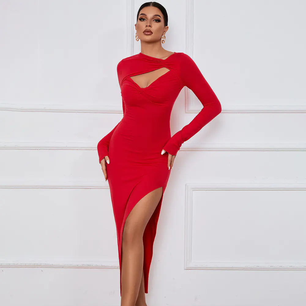 Slim Fit Women's Maxi Dress with Long Sleeves and Slit
