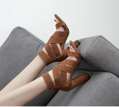 Chunky Heeled Open-Toe Sandals with Cross Straps