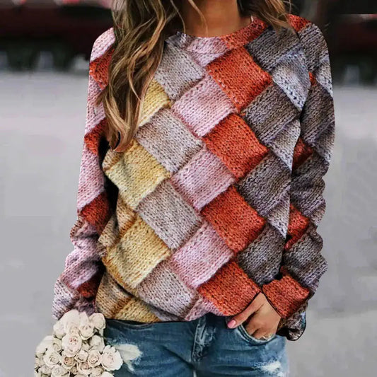 Printed Patchwork Round Neck Long Sleeve Women's Sweater
