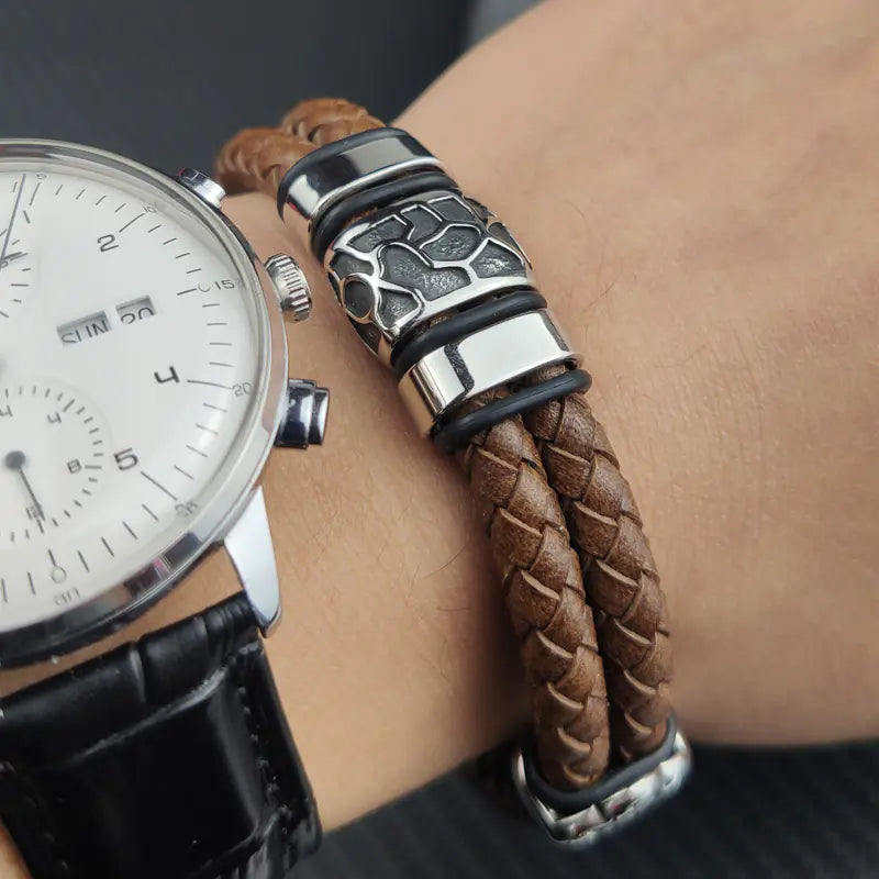 Men's Vintage Genuine Leather & Stainless Steel Bracelet