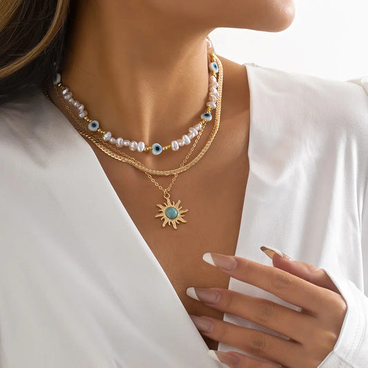 3pcs Vintage Baroque Pearl Sun Pendant Necklace Set