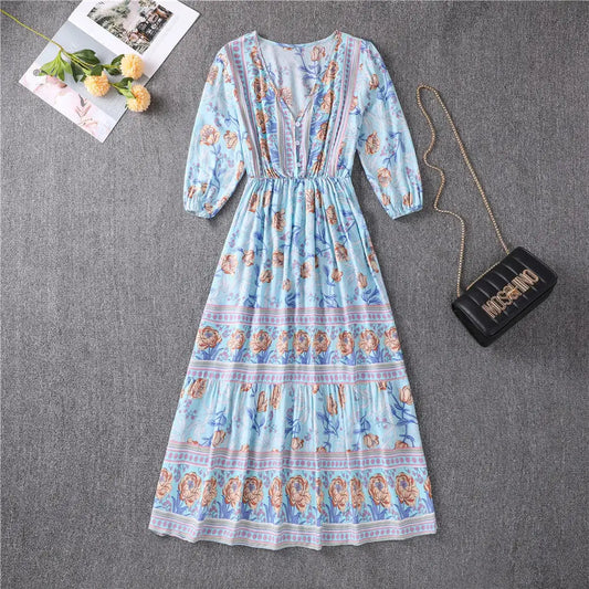 V-neck High Waist Bohemian Mid-length A-line Dress