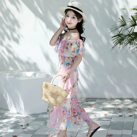 Thai Style Beach Dress for Girls - Summer Floral Chiffon sizes ranging from 120cm to 160cm