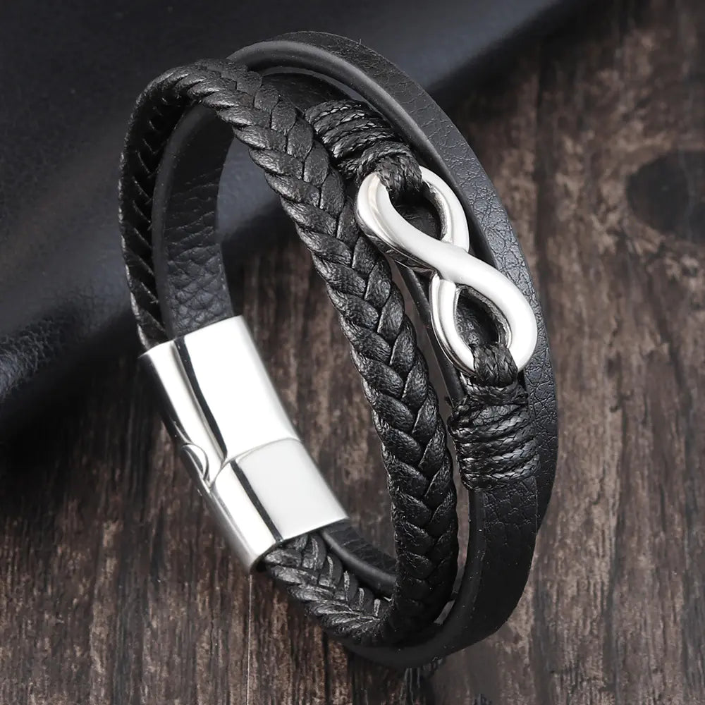 Genuine Leather Braided Men's Bracelet with Steel Accent