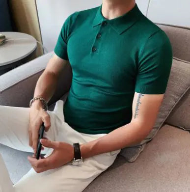 Men's Ice Silk Slim-Fit Polo Lapel Knitted Solid Color Summer T-shirt