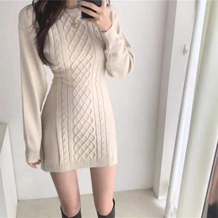 Korean Style Autumn Winter Diamond Knit Bodycon Dress