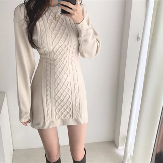Korean Style Autumn Winter Diamond Knit Bodycon Dress