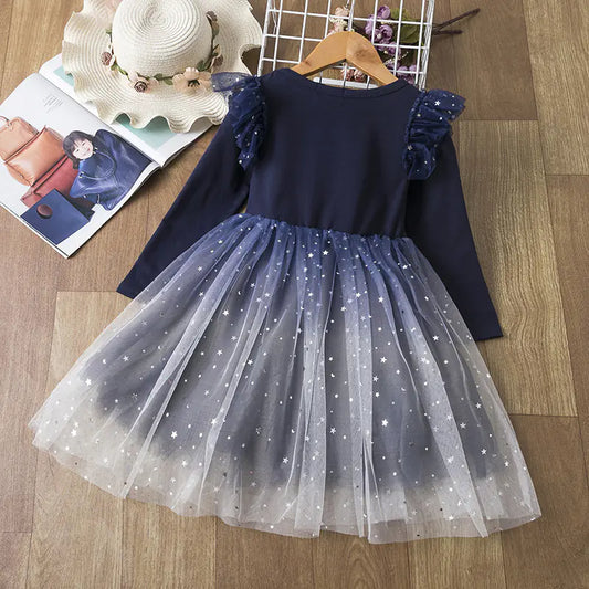 Gradient Starry Sky Long-Sleeved Princess Dress  sizes ranging from 110cm to 150cm,