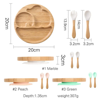 Children's Suction Bamboo Divided Plate with Spoon & Fork