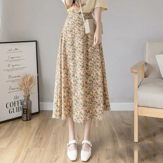 High Waist Chiffon Daisy A-line Mid-length Dress