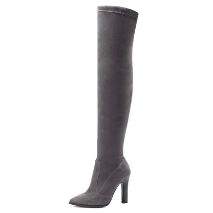 Women’s Suede High Boots – Pointed Toe & Chunky Heel