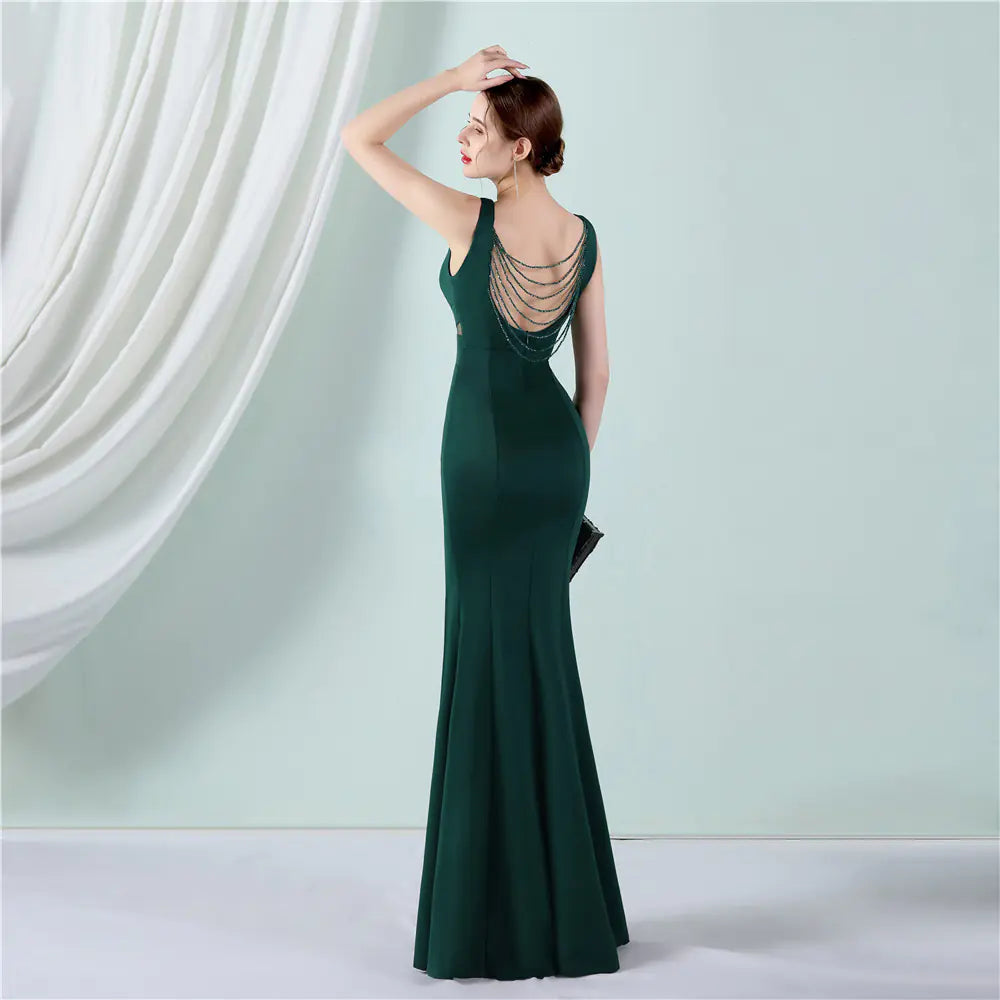 YIDINGZS Green Backless Beaded V Neck Evening Dress