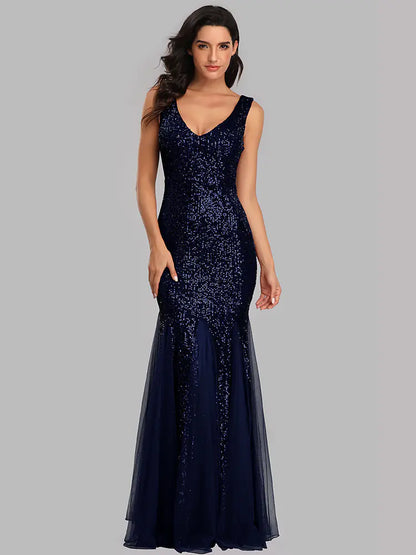 Plus Size V-Neck Mermaid Sequin Evening Dress for Women