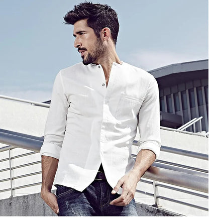 Men's Casual Long Sleeve Slim Fit Cotton Linen Shirt