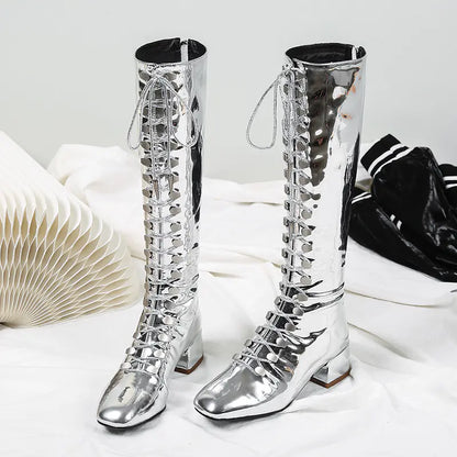 Mirror Patent Leather Silver Mid-Calf Chunky Heel Boots