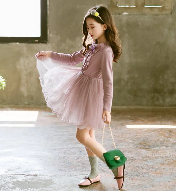 New Spring Long Sleeve Princess Lace Dress for Girls