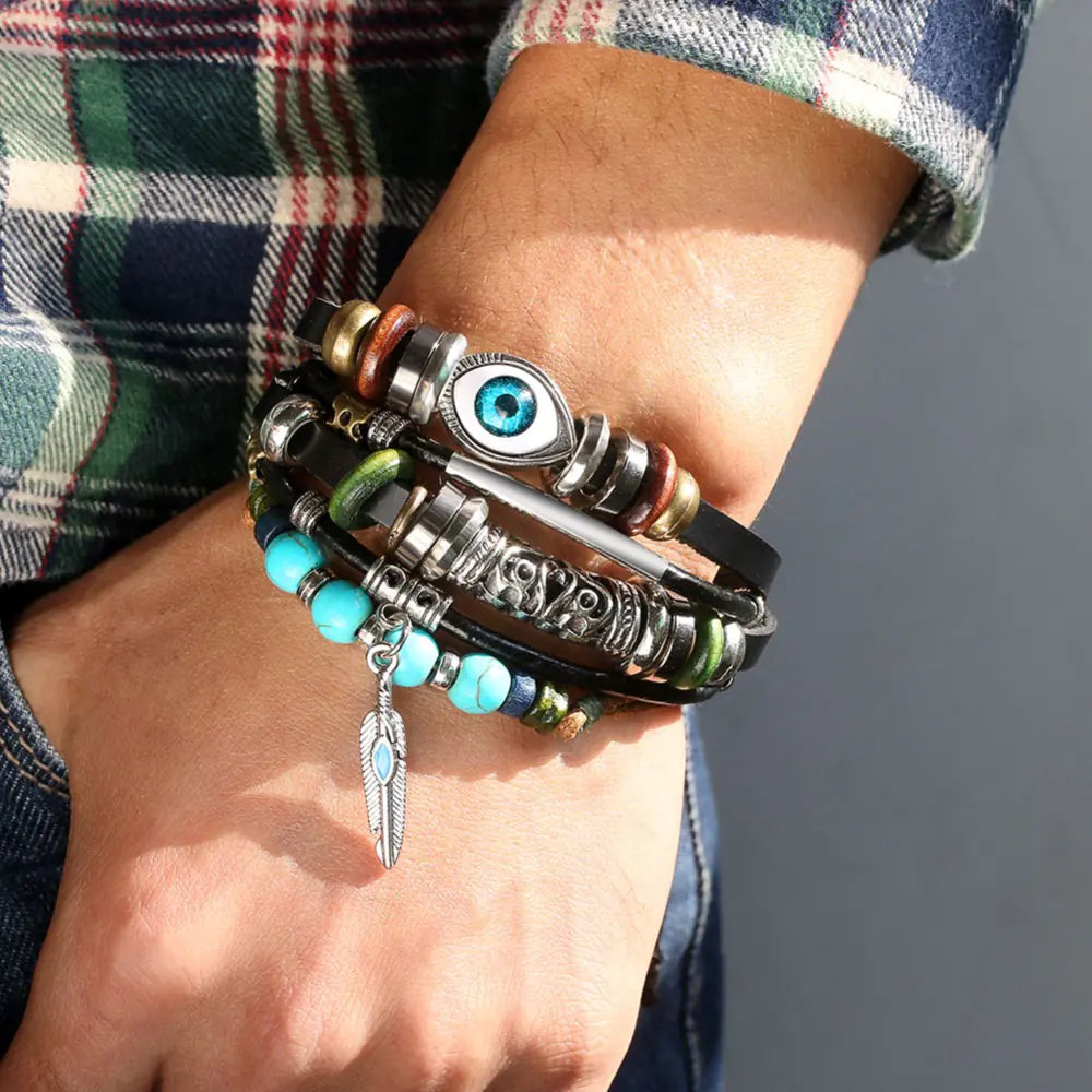 Boho Multilayer Leather Bracelets with Fish Charm Set