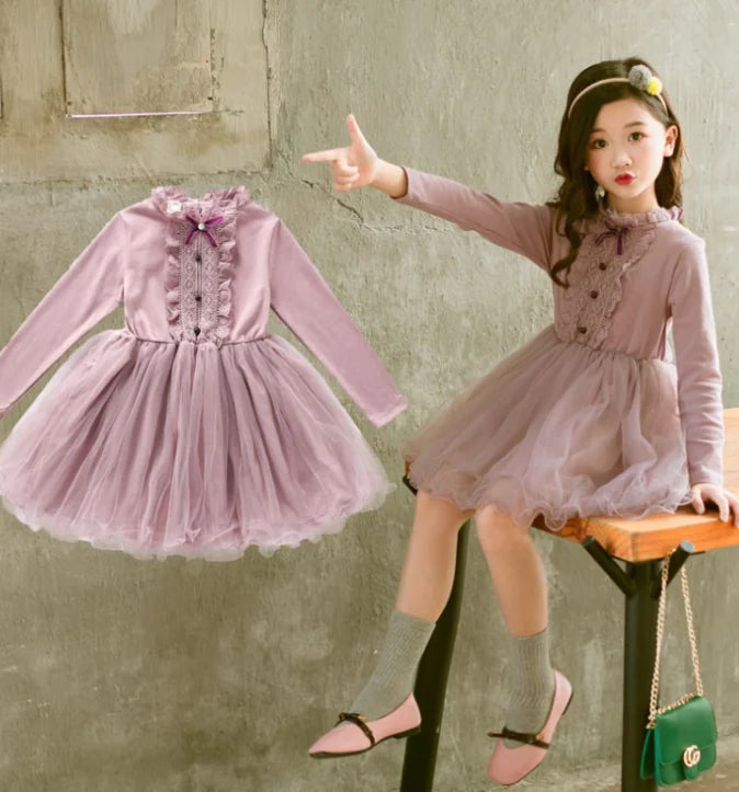 New Spring Long Sleeve Princess Lace Dress for Girls