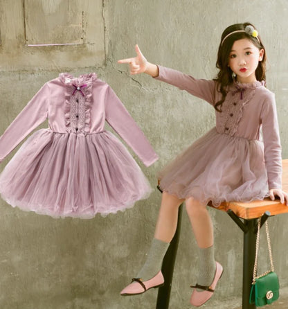 New Spring Long Sleeve Princess Lace Dress for Girls